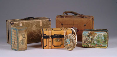 Appraisal: LOT OF SIX ASSORTED DOLL TRUNKS AND BOXES Ranges in