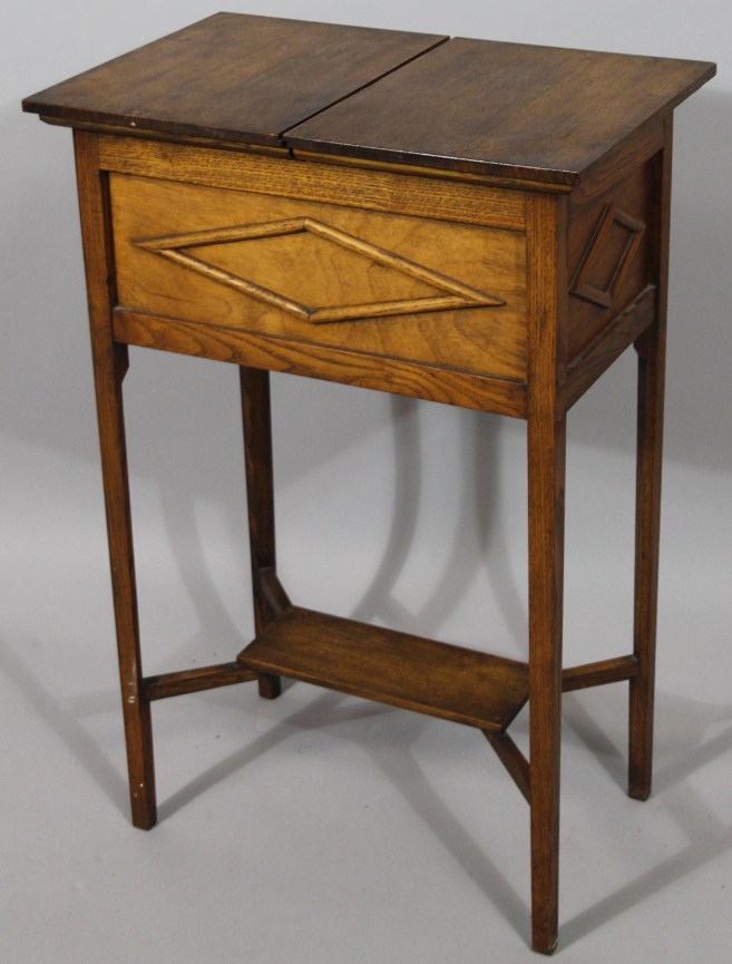 Appraisal: A thC light oak sewing box with articulated rectangular top