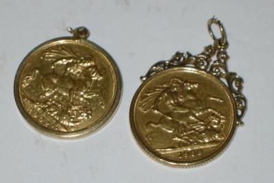 Appraisal: TWO GOLD SOVEREIGNS dated and both in ct gold surrounds