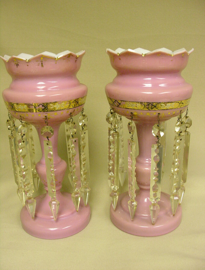 Appraisal: PINK CASED LUSTERS WITH GOLD DECORATION Pink cased lusters with