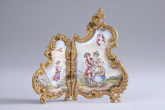 Appraisal: VIENNESE PAINTED ENAMEL TWO-FOLD MINIATURE SCREEN early th century In