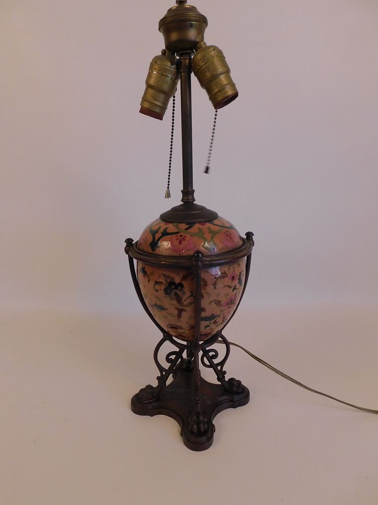 Appraisal: ART POTTERY BRONZE LAMP Circa colorful art pottery table lamp