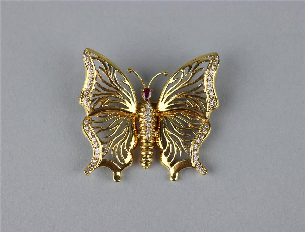 Appraisal: YELLOW GOLD RUBY AND DIAMOND BUTTERFLY BROOCH the body set