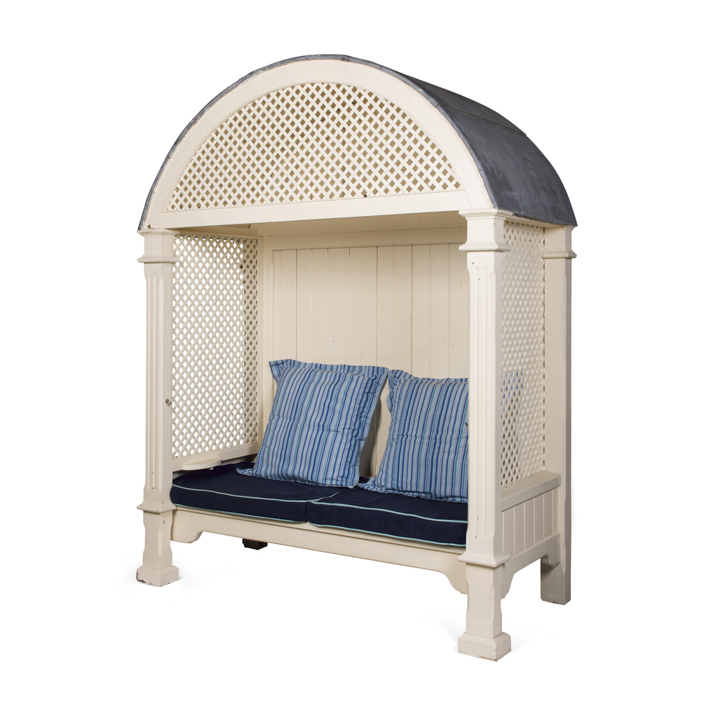 Appraisal: IMPRESSIVE CREAM PAINTED GARDEN ARBOUR SEAT MODERN the arched lead