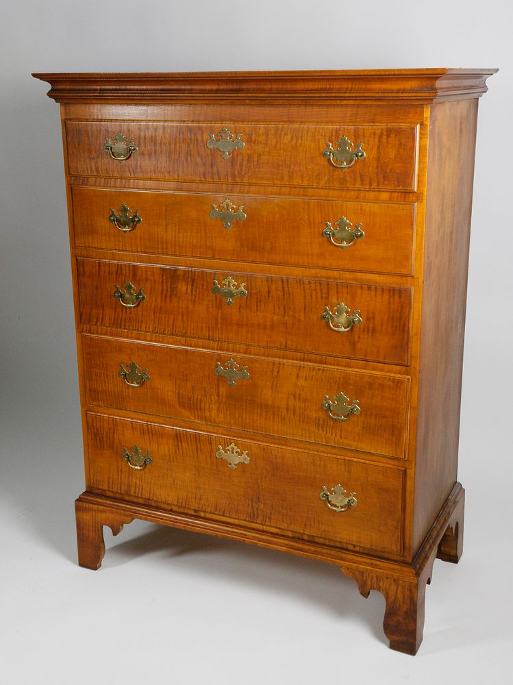 Appraisal: Eldred Wheeler Five Drawer Tiger Maple Tall Chest of Drawers