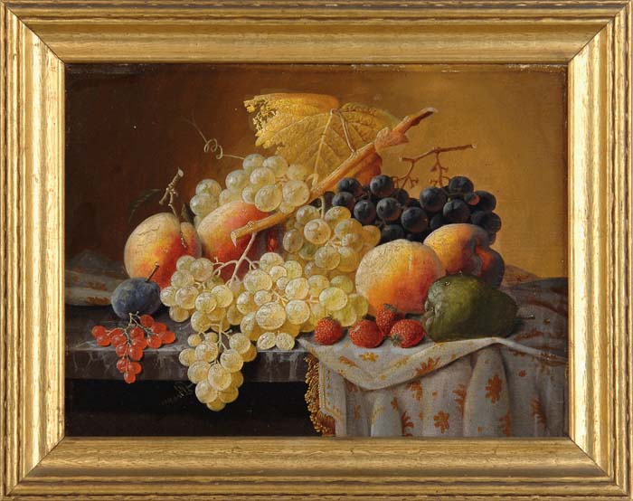 Appraisal: SEVERIN ROESEN American - STILL LIFE WITH FRUIT AND EMBROIDERED