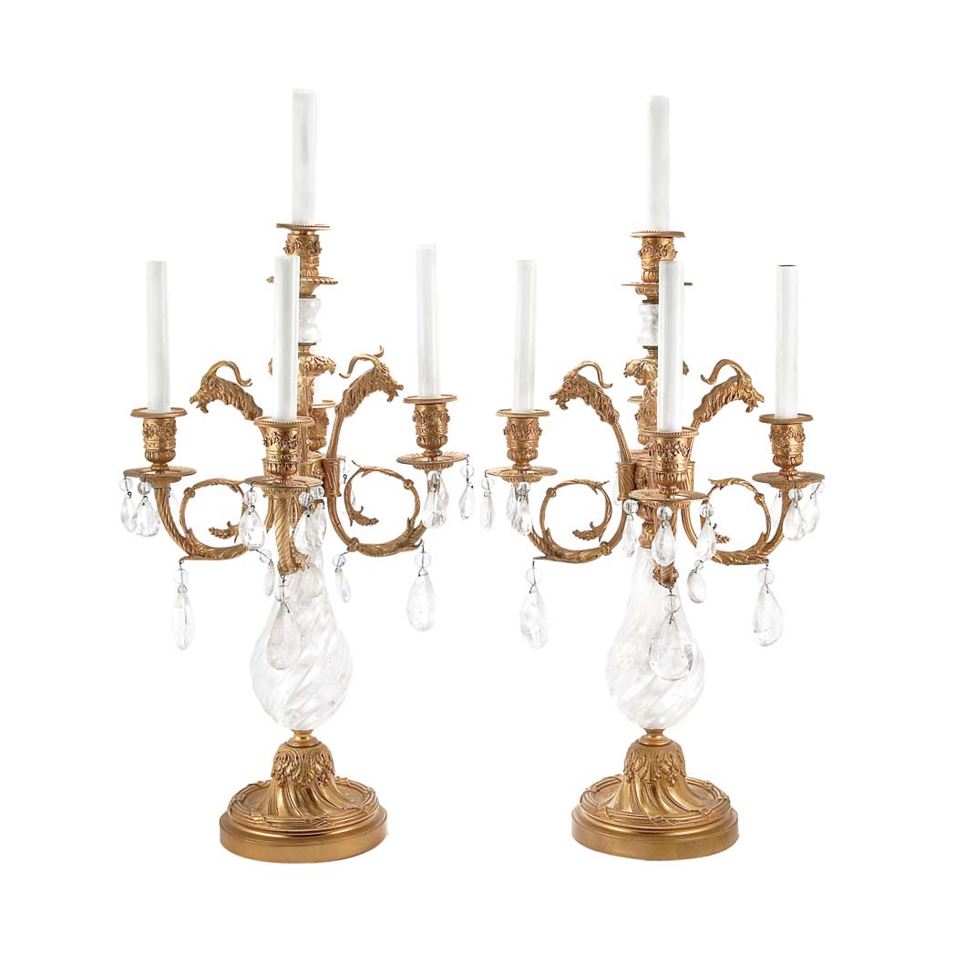 Appraisal: Pair of Louis XVI Style Gilt-Bronze and Rock Crystal Five-Light