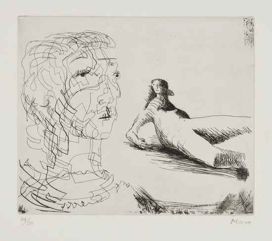 Appraisal: Henry Moore - Head of Girl and Reclining Figure c