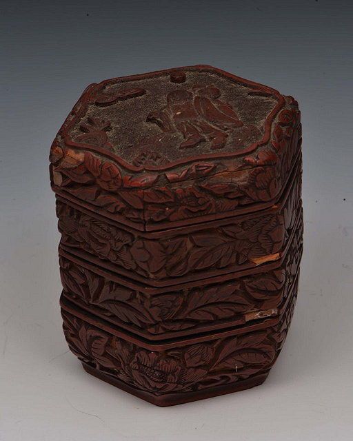 Appraisal: A CHINESE RED LACQUER TWO TIERED OCTAGONAL INCENSE BOX th