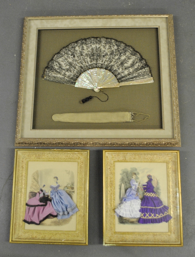 Appraisal: - Shadowbox framed mother-of-pearl and black lace Victorian fan reportedly