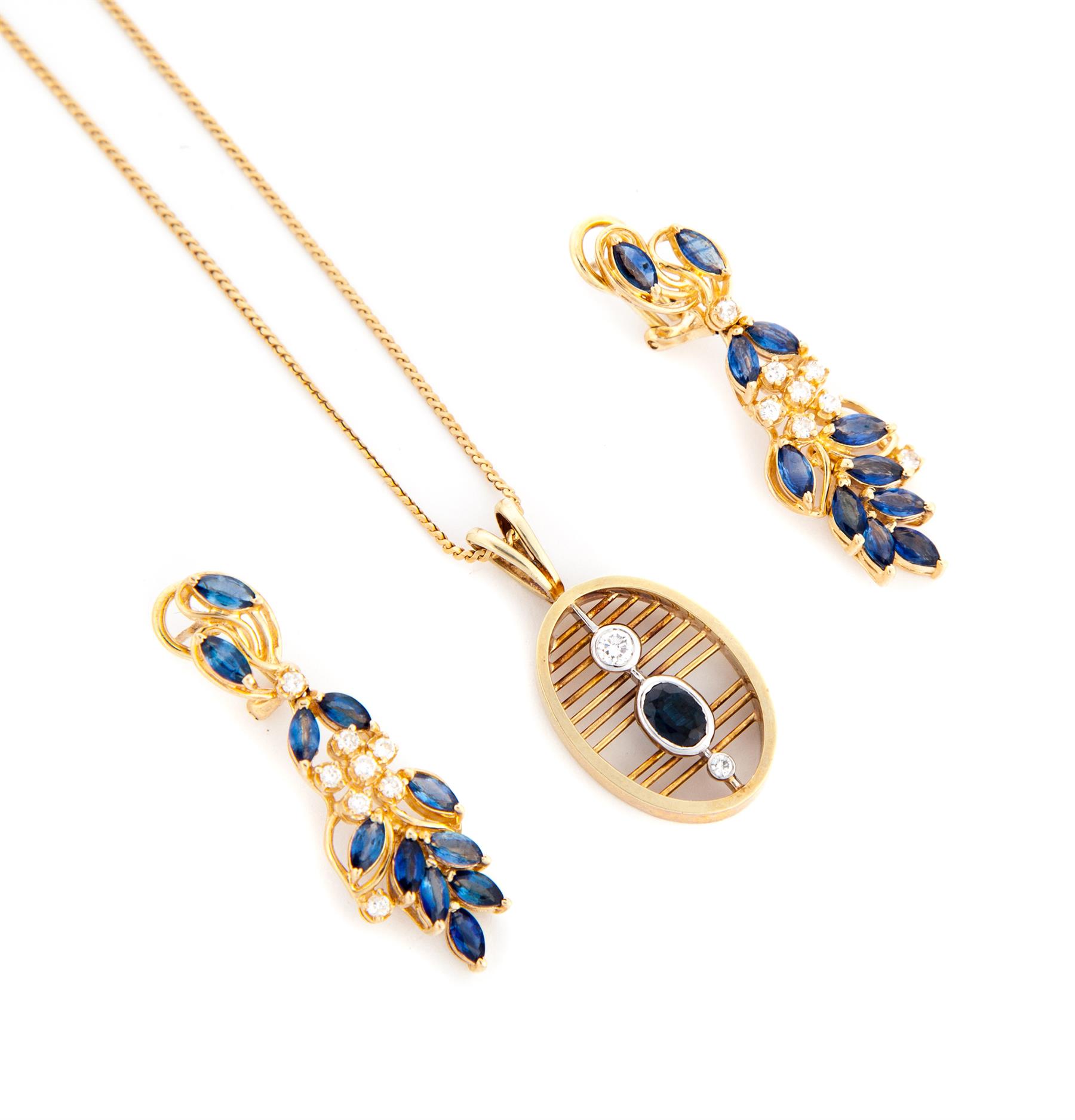 Appraisal: GOLD SAPPHIRE AND DIAMOND PENDANT AND EARRINGS American st century