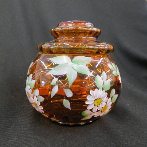 Appraisal: Enameled Art Glass Biscuit Jar elegant floral on golden topaz