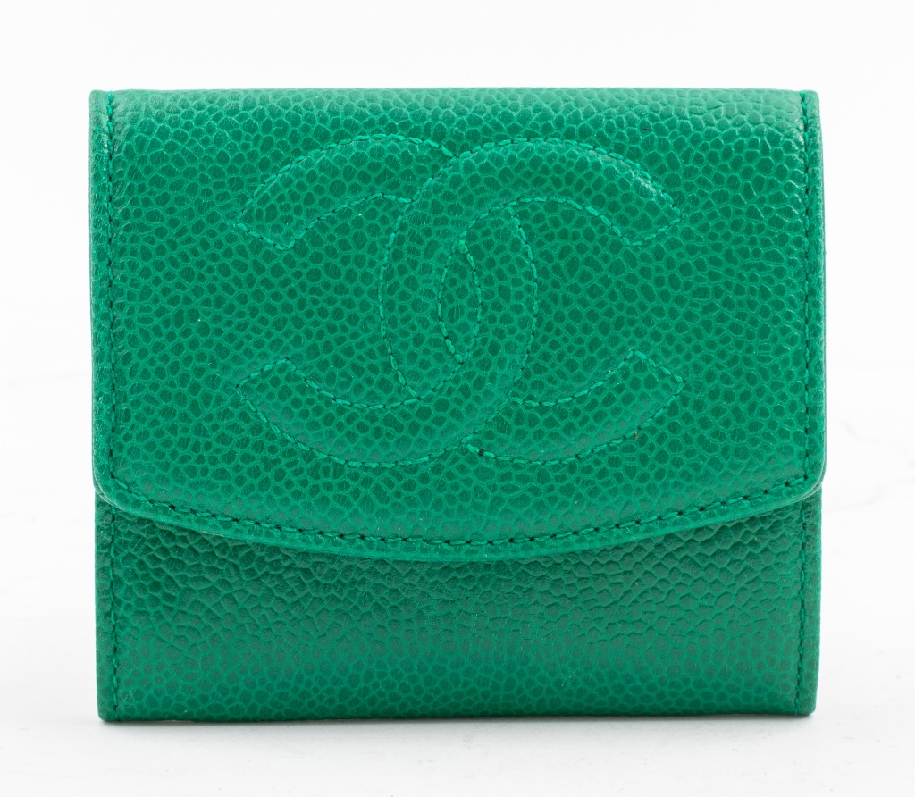 Appraisal: CHANEL GREEN CAVIAR LEATHER FOLDING WALLET Green caviar leather folding