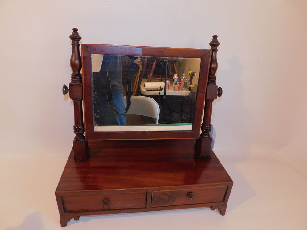 Appraisal: ANTIQUE ENGLISH SHAVING MIRROR Period English mahogany line inlaid shaving