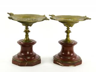 Appraisal: A PAIR OF GILT METAL AND ROUGE MARBLE TAZZE A