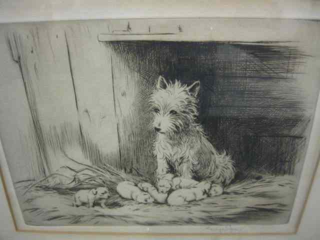 Appraisal: Fine Engraving of Dog with Puppies pencil signed image area