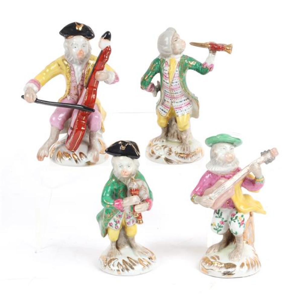 Appraisal: SET OF FOUR GERMAN DRESDEN PORCELAIN MONKEY MUSICIAN FIGURES PLAYING