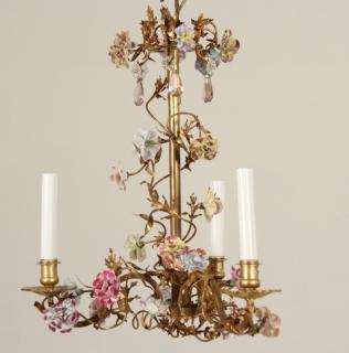 Appraisal: ITALIAN GOLD GILT METAL LIGHT CHANDELIER HAVING VINE AND PORCELAIN