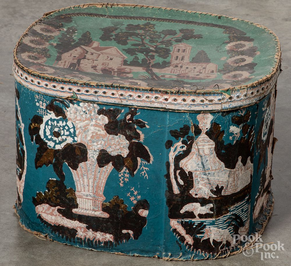 Appraisal: Wallpaper hatbox and a fur hat Wallpaper hatbox th c