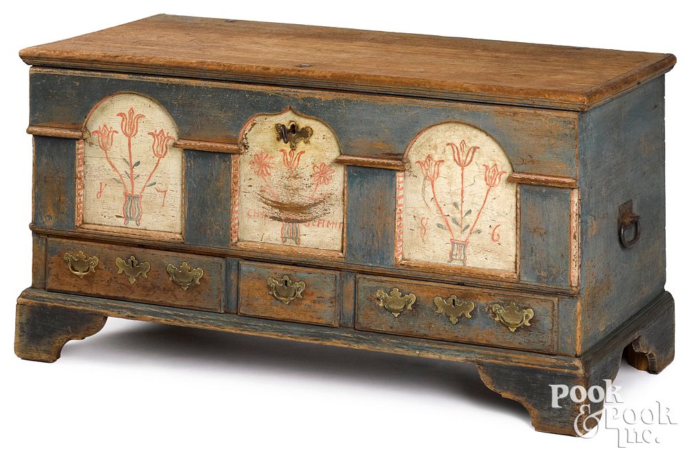 Appraisal: Lancaster Pennsylvania painted poplar dower chest Lancaster Pennsylvania painted poplar