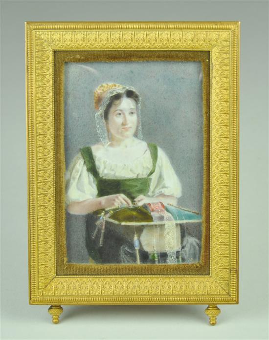 Appraisal: Miniature on Ivory Circa 's Flemish maid tatting lace Numerous