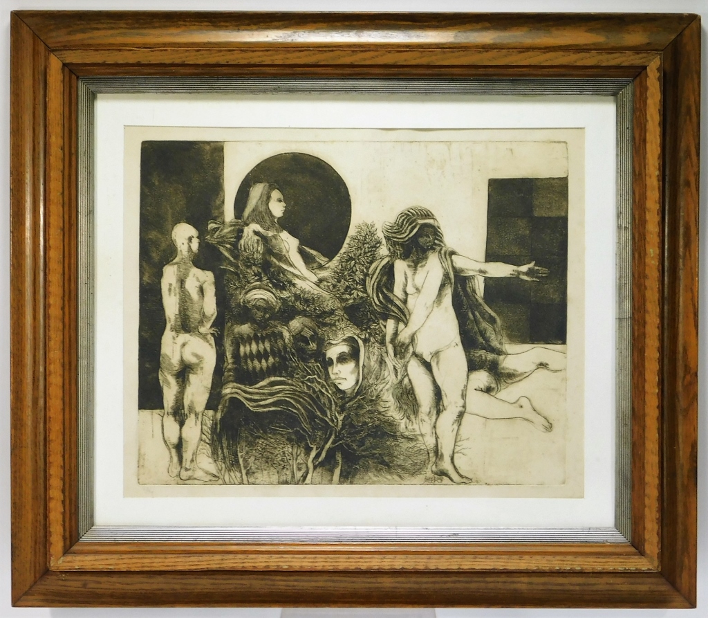 Appraisal: MODERN SURREALIST NUDE PHARAOH FIGURATIVE ETCHING United States th CenturyNaked