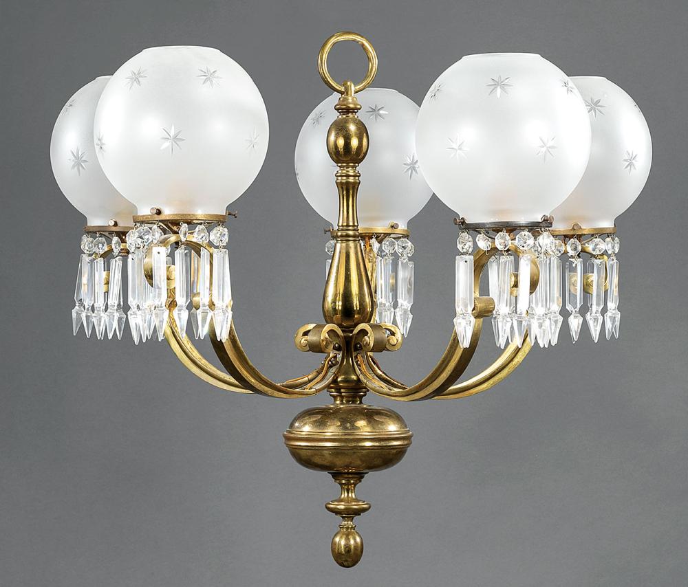 Appraisal: Pair of Continental Brass Five-Light Chandeliers th c vasiform standard