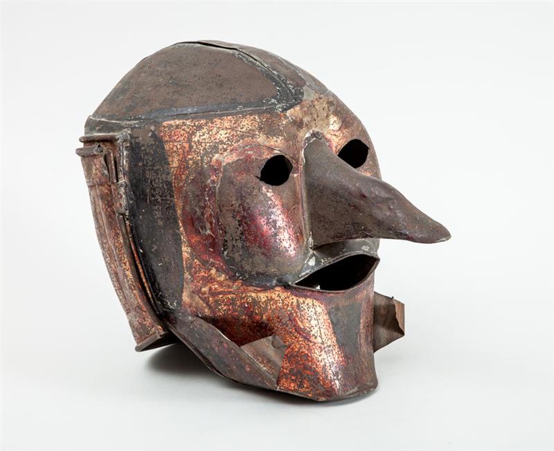 Appraisal: PERUVIAN SOLDERED TIN CEREMONIAL MASK th Century with hinged backplate