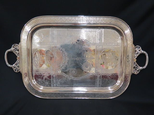 Appraisal: Victorian Silverplate Serving Tray aesthetic movment designs with birds flowers