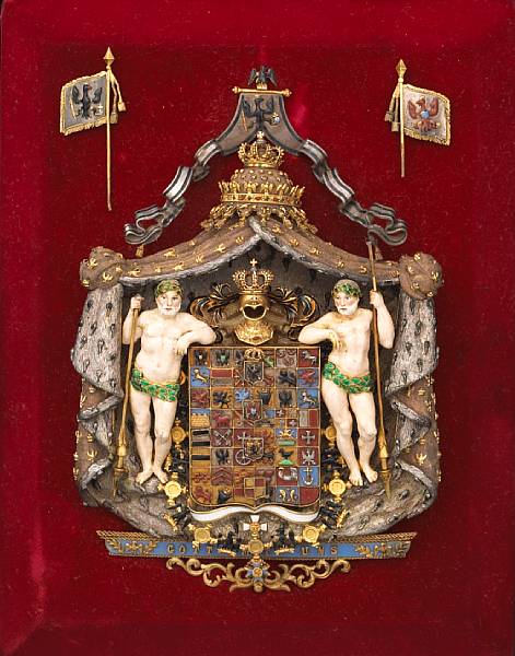 Appraisal: A German silver gilt and enamel armorial badge displaying the