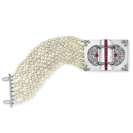 Appraisal: Multi-Strand Cultured Pearl Bracelet with Platinum Rock Crystal Diamond Ruby