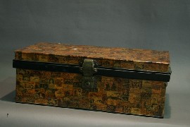 Appraisal: A metal trunk with old matchboxes decoupage