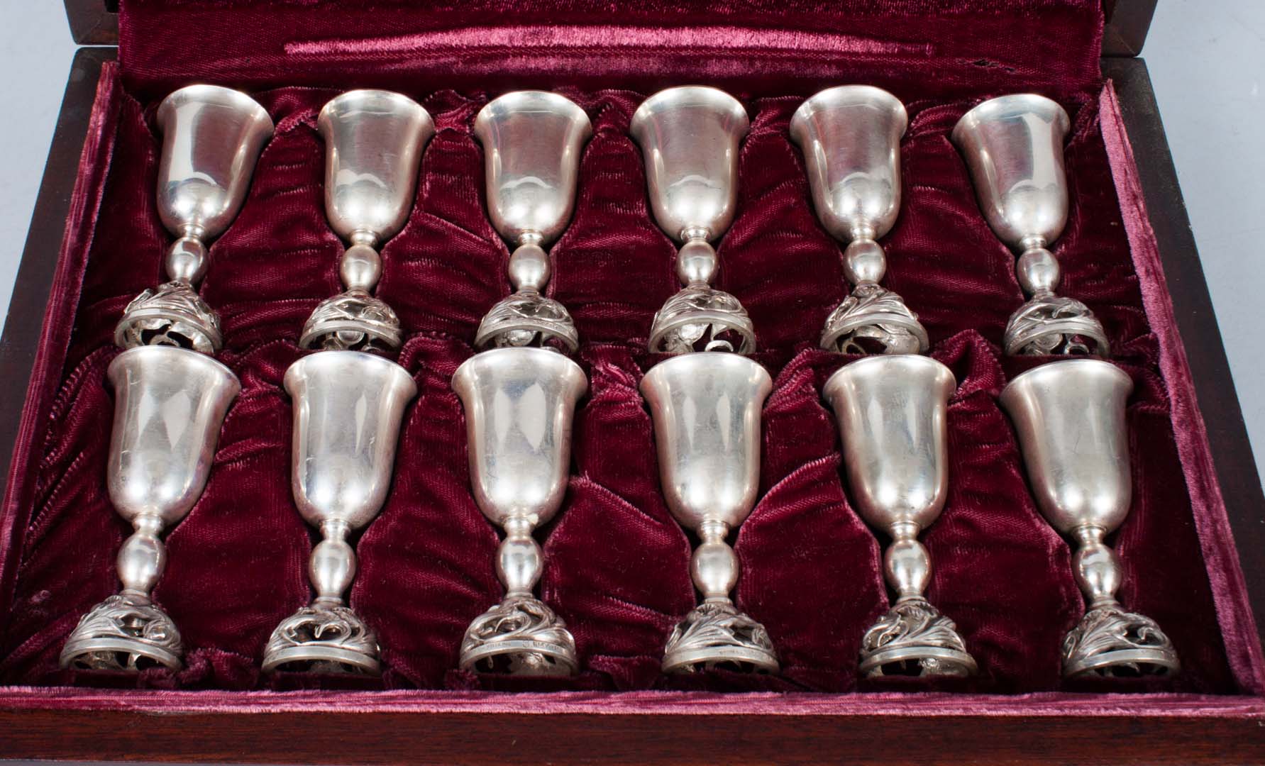 Appraisal: Twelve Smyth sterling silver cordials in fitted mahogany box ozt