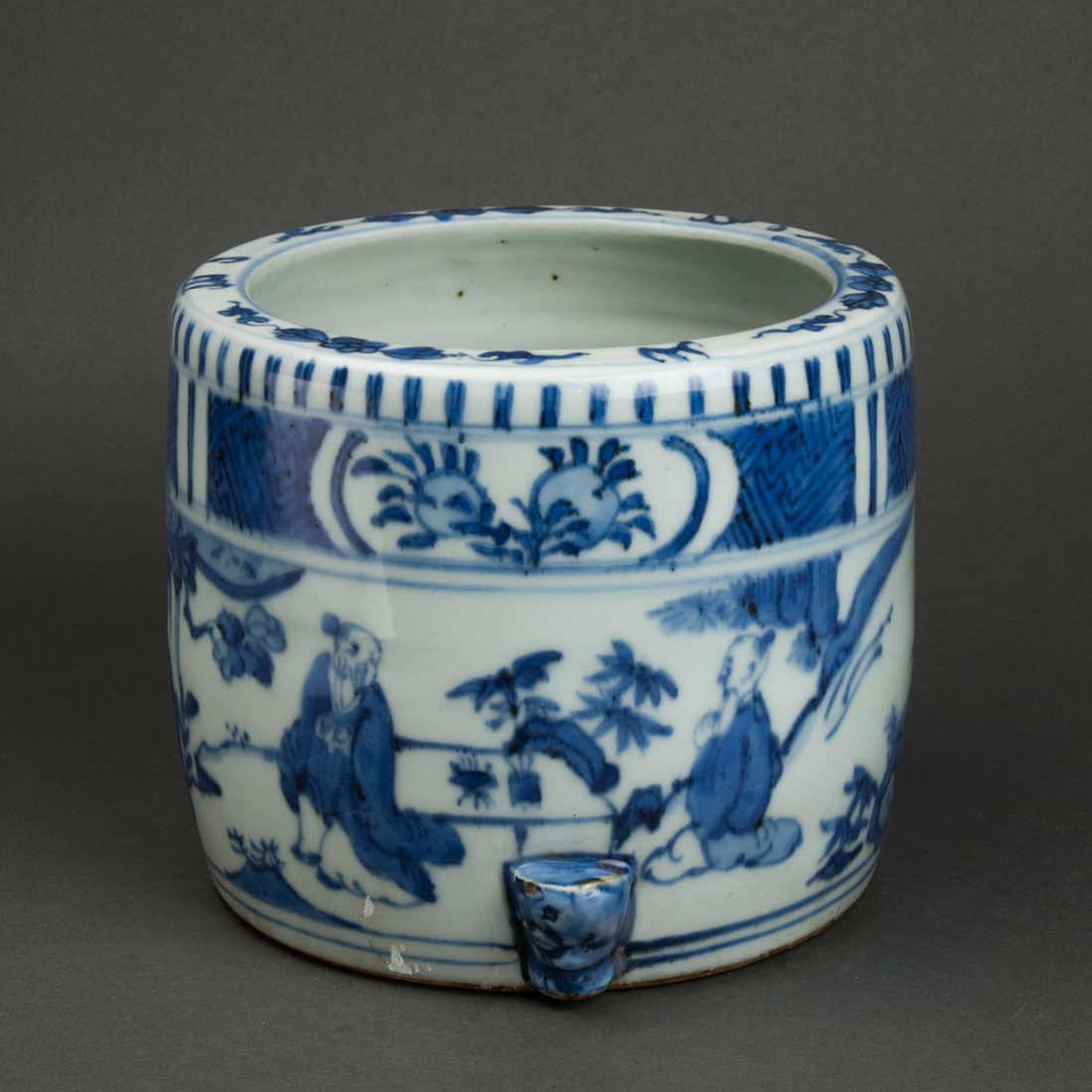 Appraisal: Chinese underglaze blue brush pot depicting two scholars in a