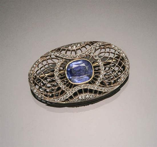 Appraisal: Edwardian Tested -Karat Yellow-Gold Silver-Topped Blue Sapphire and Diamond Brooch