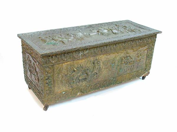 Appraisal: A Dutch metal clad repousse decorated coffer height in width