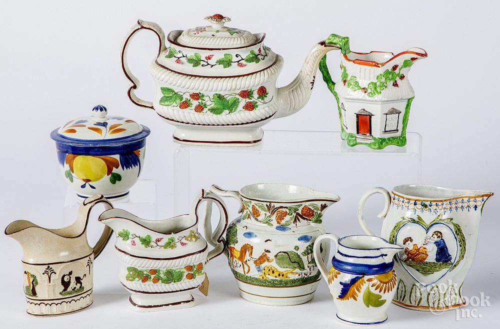 Appraisal: Pearlware strawberry teapot and creamer etc Pearlware to include a