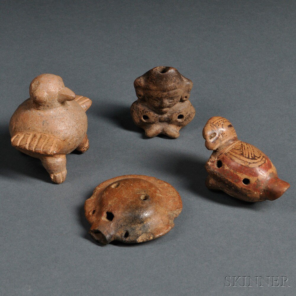 Appraisal: Four Pre-Columbian Ocarinas and Whistles includes two avian forms from