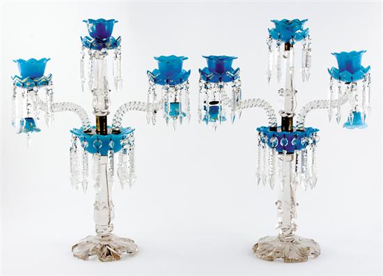 Appraisal: Pair French opaline and crystal candelabra th century three gilt