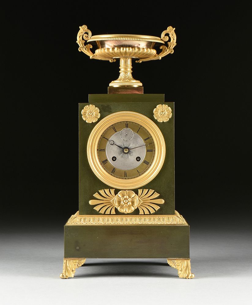 Appraisal: A RESTAURATION GILT AND GREEN PATINATED BRONZE MANTLE CLOCK s