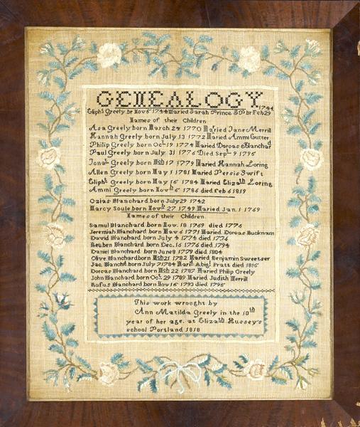 Appraisal: AMERICANA Geneaology sampler by Ann Greely done at Elizabeth Hussey