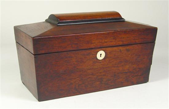 Appraisal: Mahogany English Tea Caddy Circa Sarcophagus form Two foil-lined tea