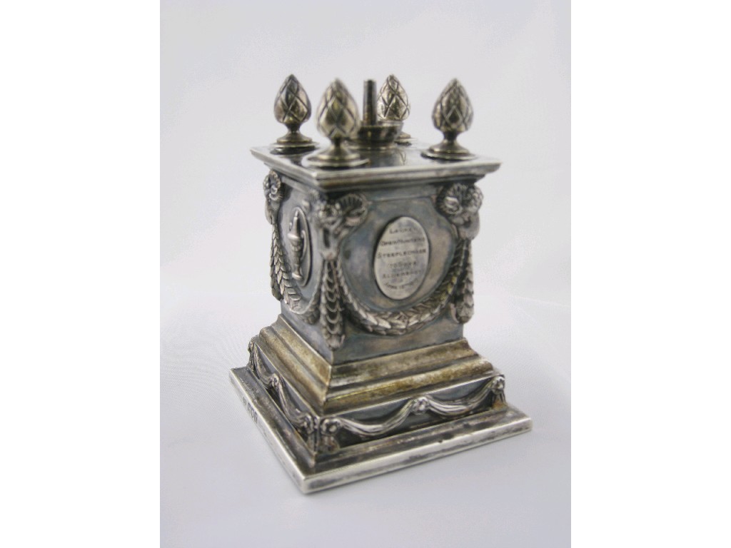 Appraisal: A George V square Table Lighter with four pineapple finial