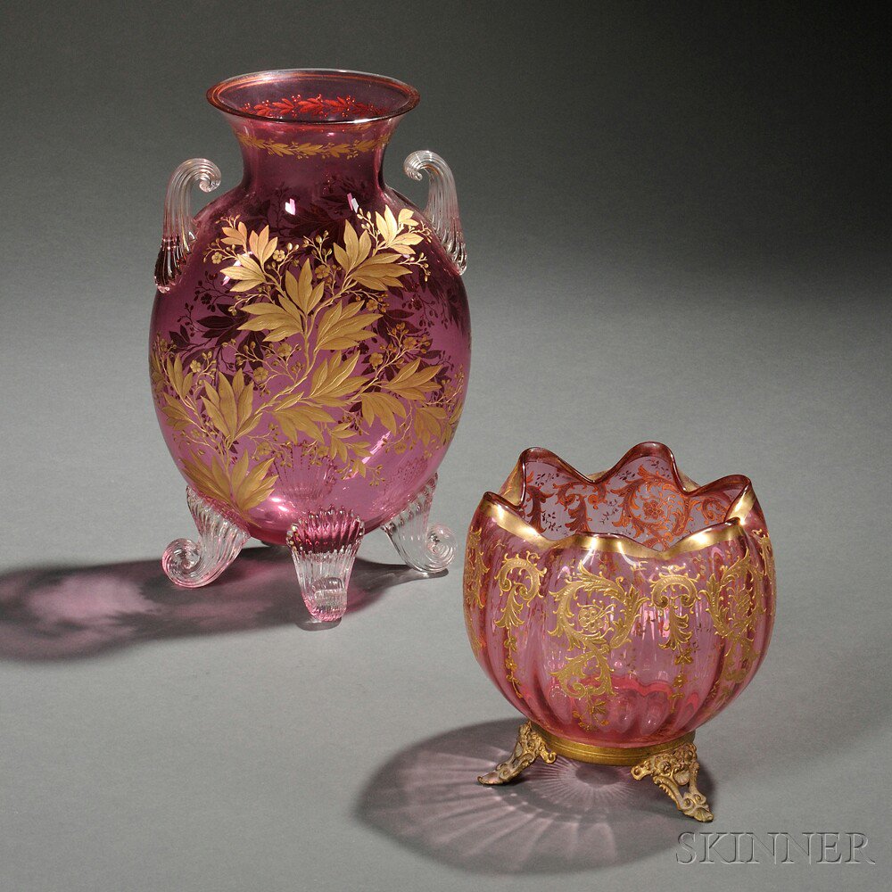 Appraisal: Two Cranberry Glass Vases Bohemia early th century one flask