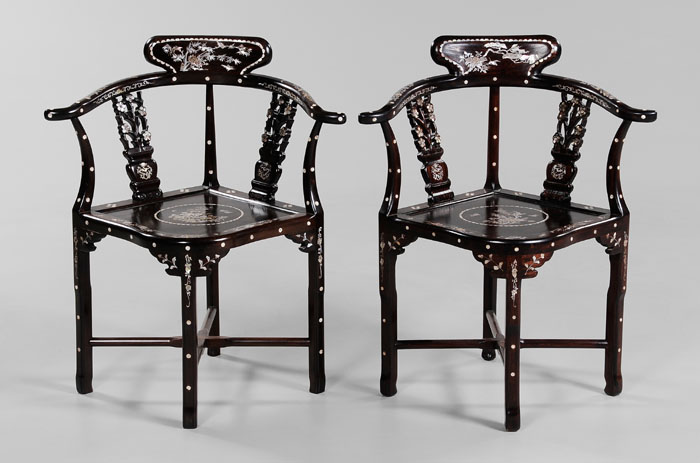 Appraisal: Pair Inlaid Hardwood Corner Chairs Chinese th century yoke backs