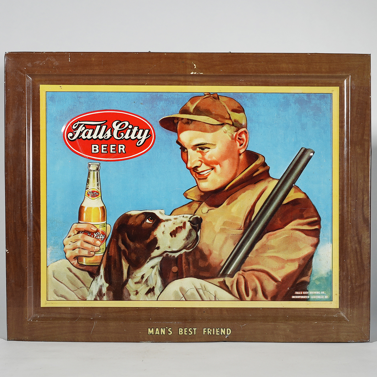 Appraisal: Falls City Hunting Dog Scene Self Framed Tin SignReference n