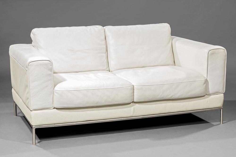 Appraisal: Modern White Leather Settee box form with cushion back and