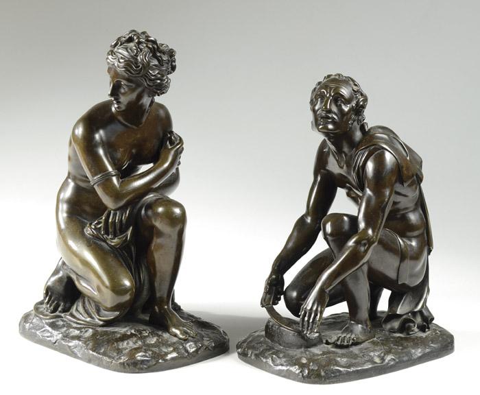 Appraisal: TWO EUROPEAN BRONZE SCULPTURES a woman holding her robe and