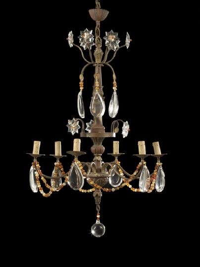 Appraisal: Italian Giltwood Wrought-Iron Cut Glass and Gemstone Six-Light Chandelier second