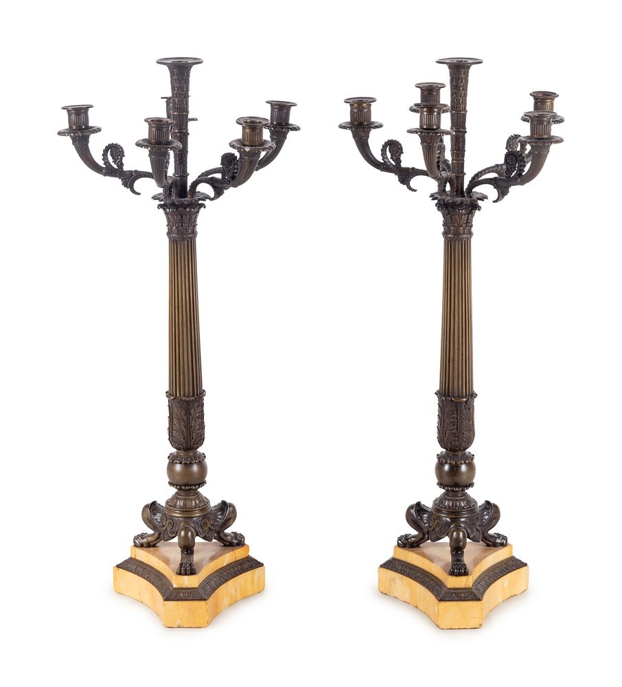 Appraisal: A Pair of Charles X Bronze and Sienna Marble Six-Light